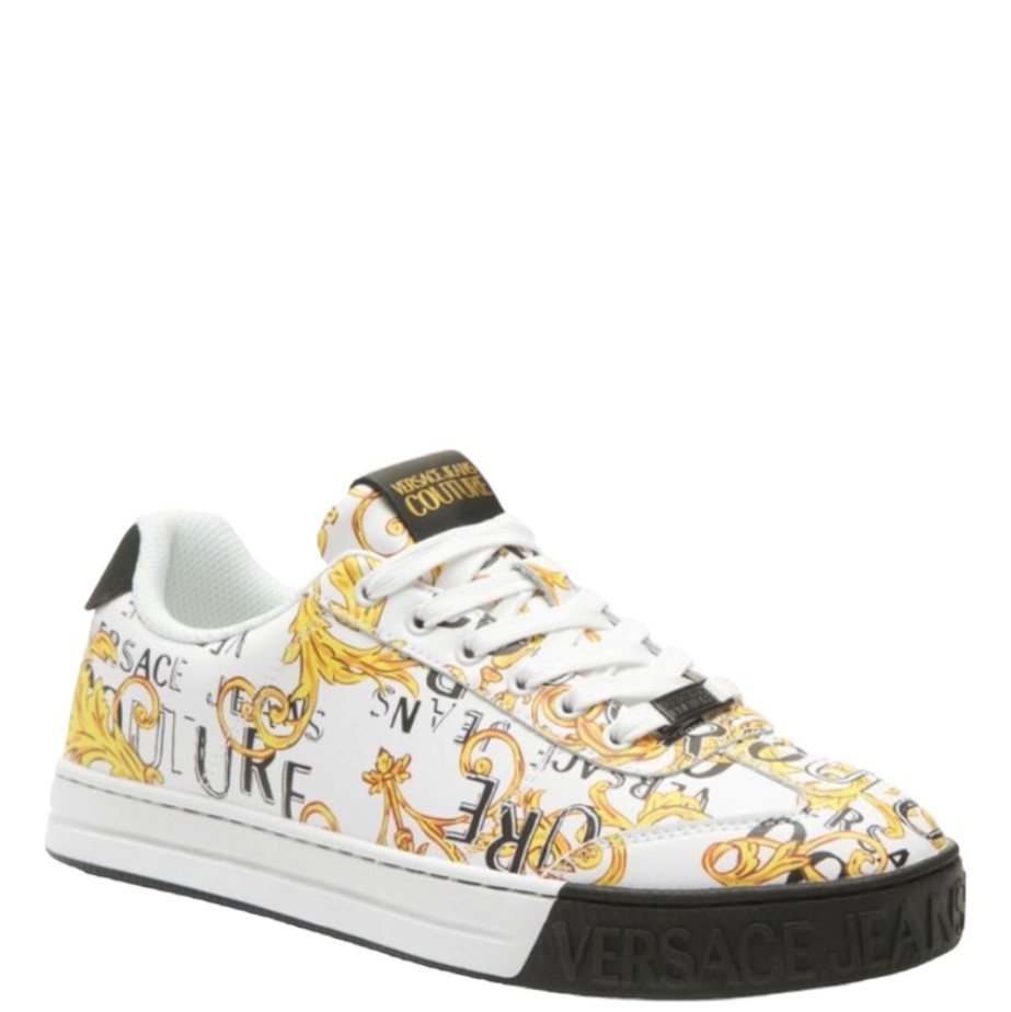 SNEAKERS UOMO 74YA3SK6 ZP264 G03 FONDO COURT 88 SK6 DIS SHOES PRINTED LEATHER GUMMY 82% BOVINO  18%PU WHITE GOLD VERSACE JEANS COUTURE walkingon